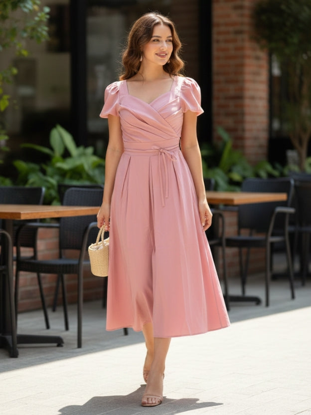 Elegant Burgundy Midi Dress for Women – Puff Sleeve Sweetheart Neckline Party Dress