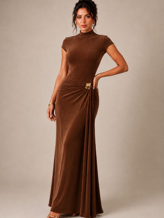 Women's Elegant Mock Neck Ruched Maxi Dress with Gold Buckle Detail | Bodycon Evening Party Gown | Wine Brown