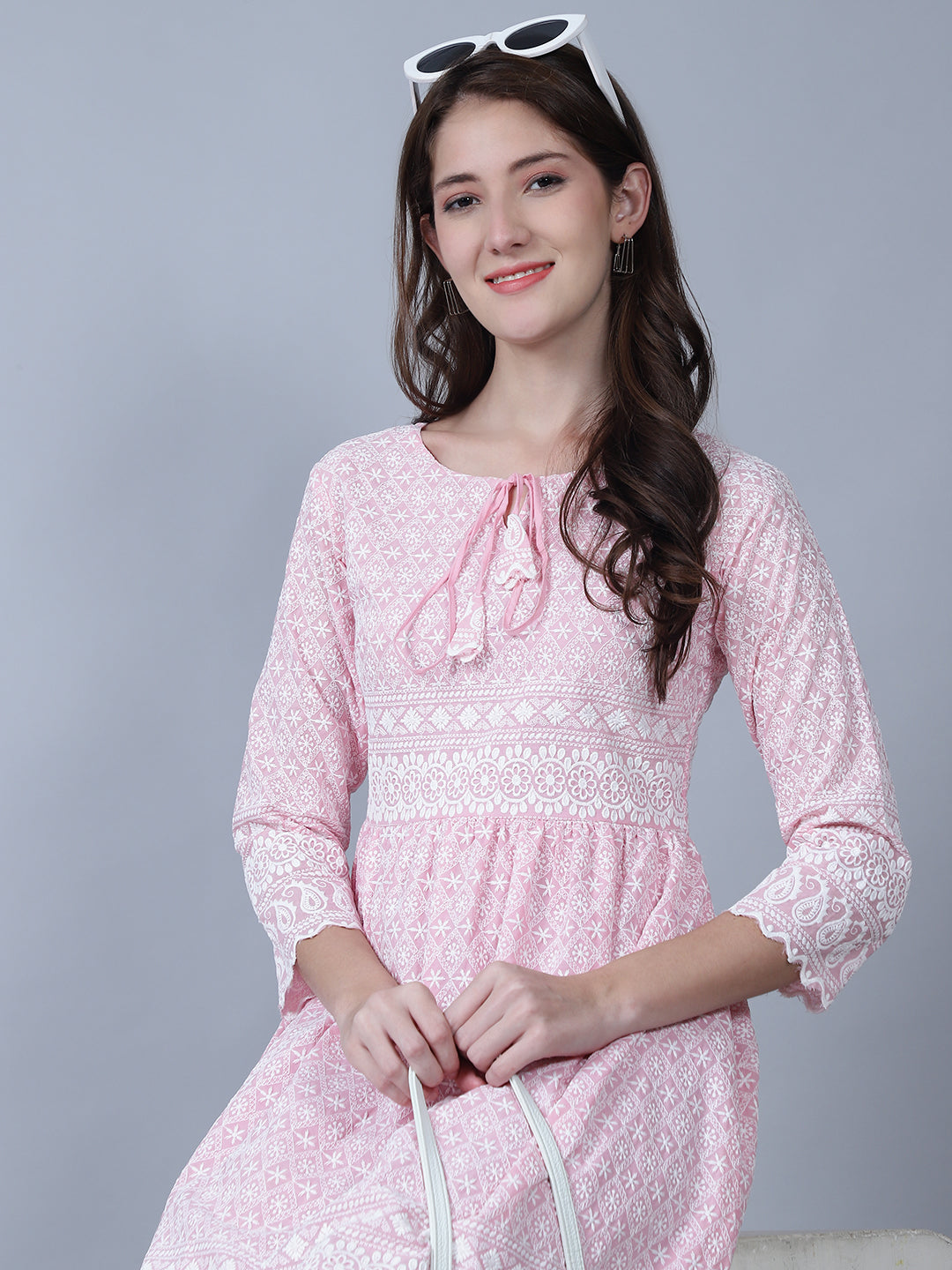 Geometric Embroidered Keyhole Neck Fit & Flare Dress