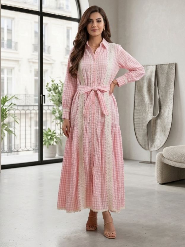 Elegant Gingham Shirt Dress with Lace Panel Detailing