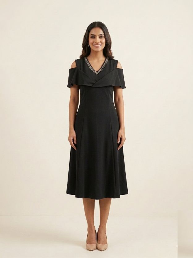 Velvet Whisper Cold-Shoulder Midi Dress