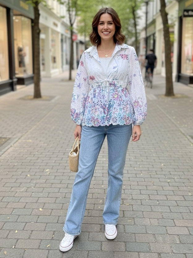 Sheer Floral Lace Tie-Front Peplum Shirt