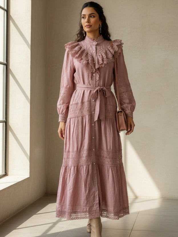Elegant Lace Collar Tiered Midi Dress