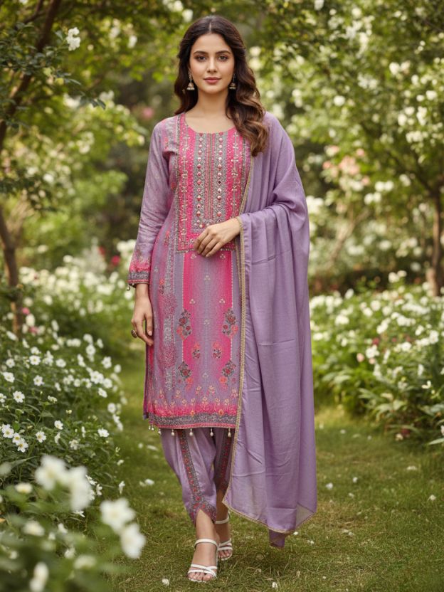 Lavender Bloom Cotton Suit With  Floral Detailing