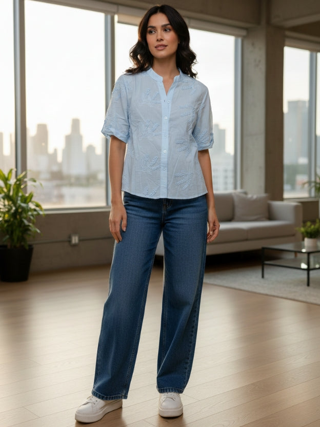Women’s Embroidered Cotton Shirt – Summer Casual Short Sleeve Button Down Top