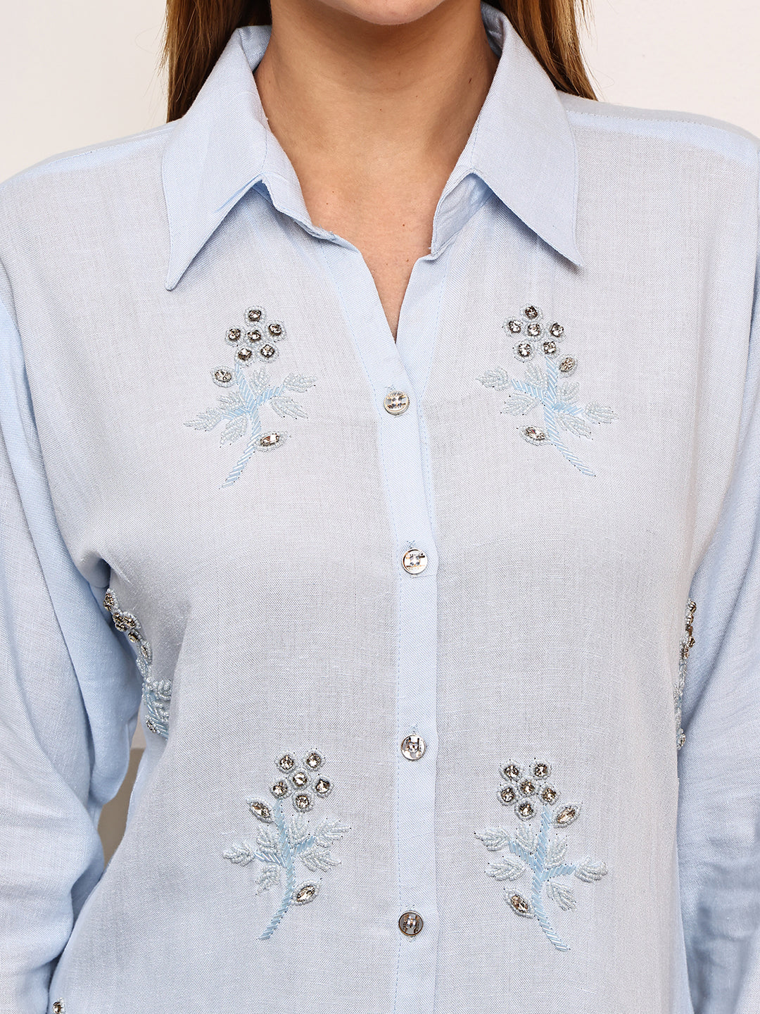 Embroidered Beads And Stones Spread Collar Shirt With Trousers
