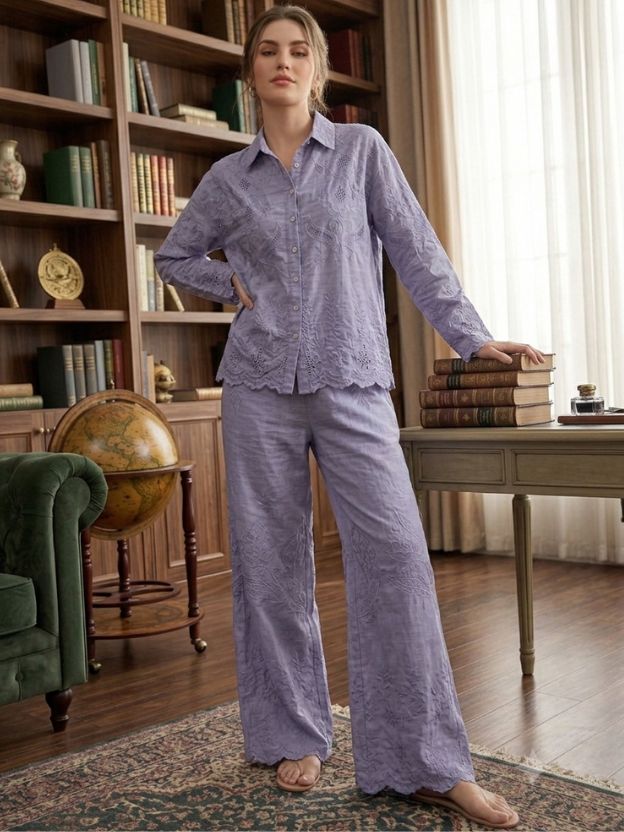 Elegant Embroidered Two-Piece Button-Down Shirt and Wide-Leg Pant Set