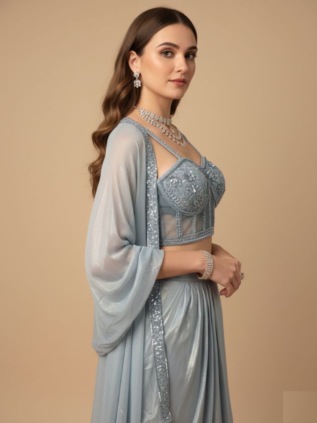 Sky blue crop top with cap and shirt