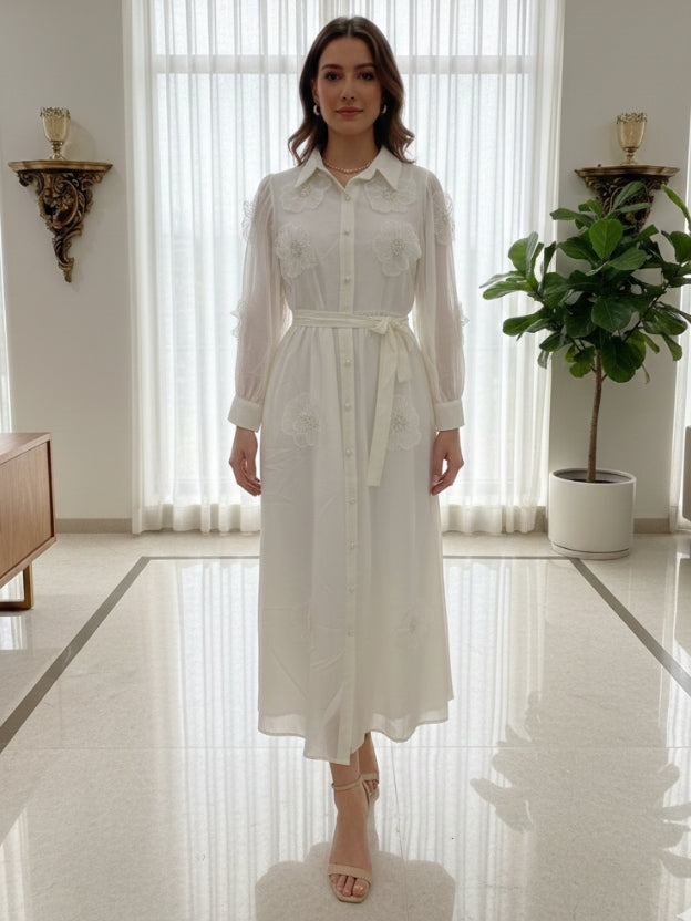 Floral Appliqué Sheer Midi Dress with Belt
