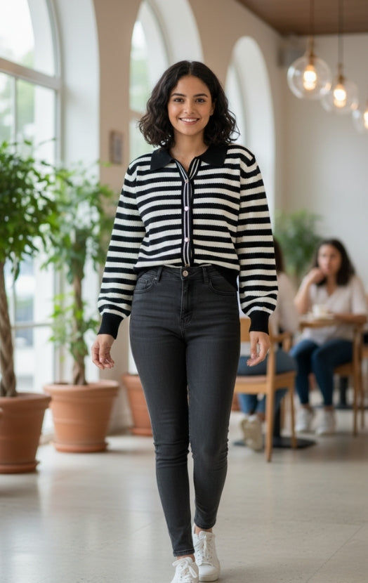 Women’s Striped Knit Polo Top – Long Sleeve Casual Chic Sweater