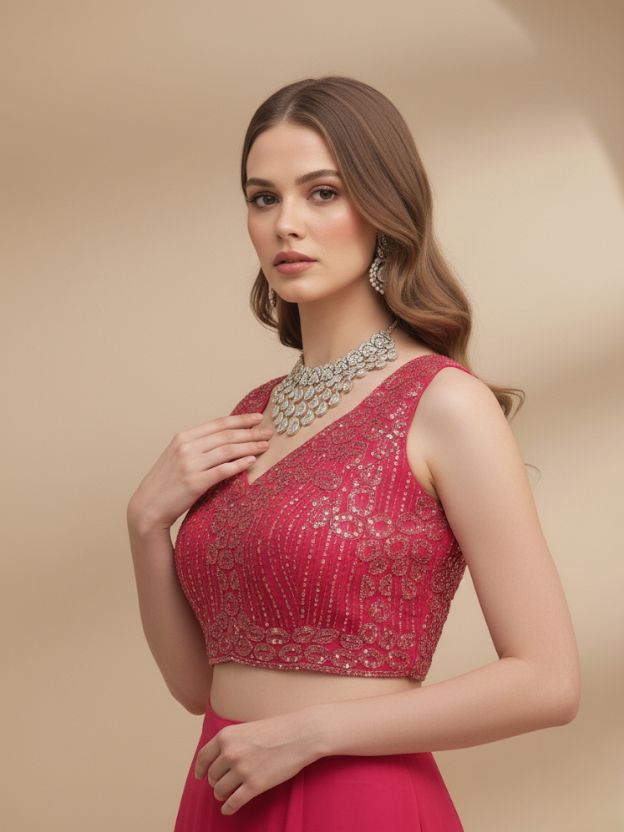 Rosetta Glow Sequinned Crop Top with Layered Ruffle Skirt & Embellished Jacket