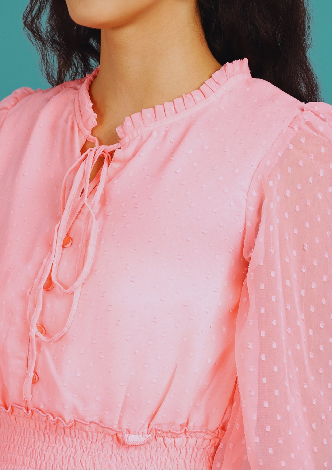 Tie-Up Neck Puff Sleeve Georgette A-Line Dress