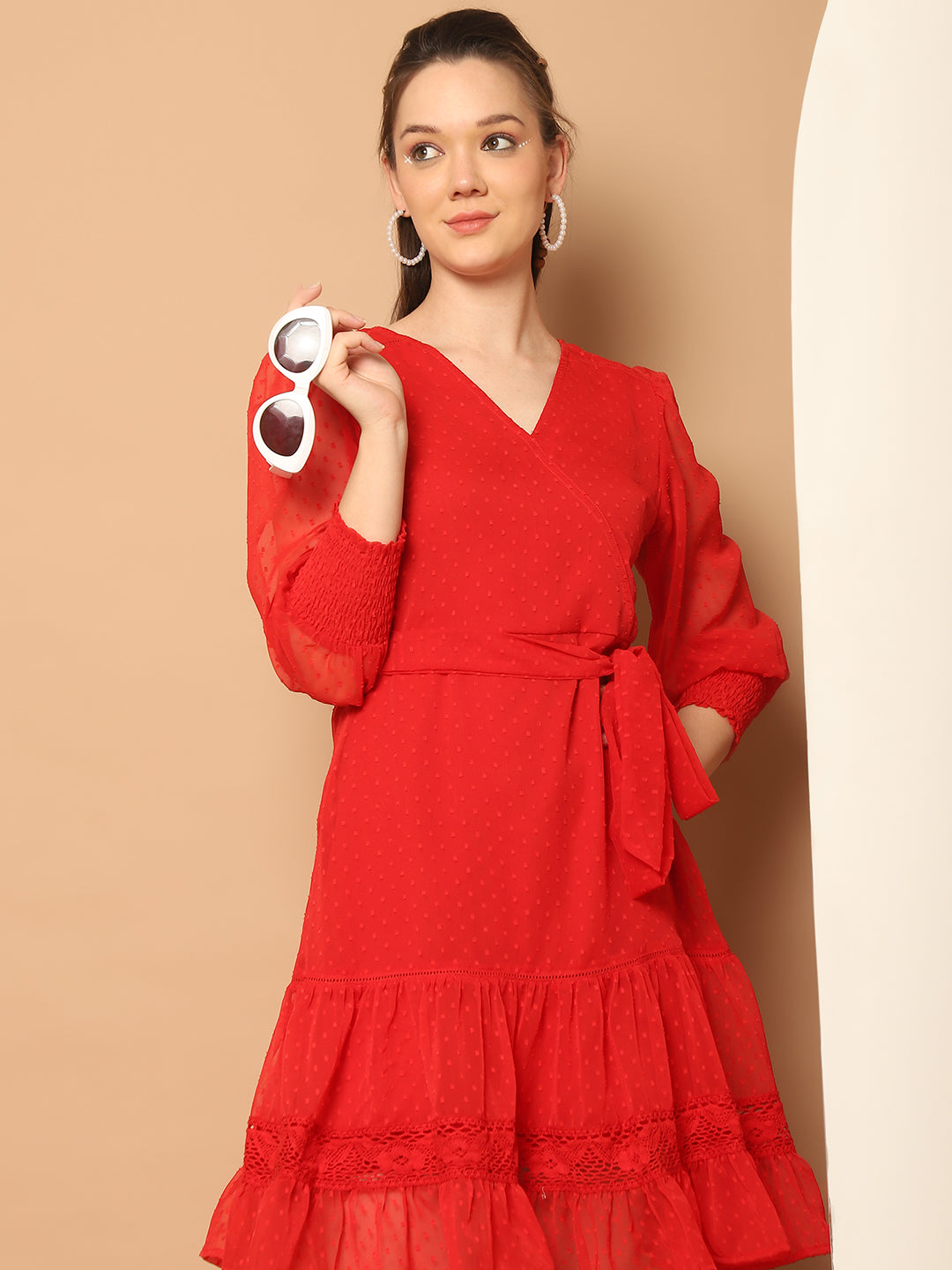 Puff Sleeve Ruffled Georgette Fit & Flare Dress
