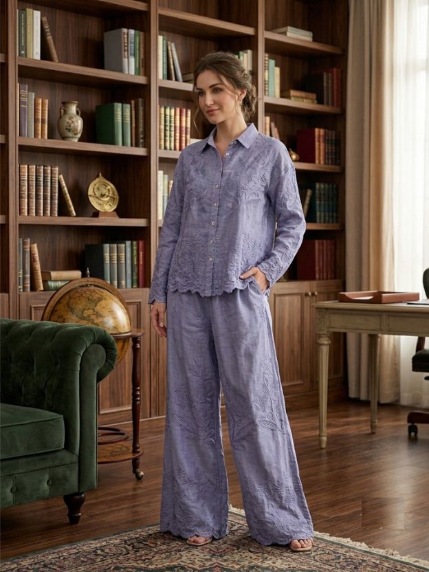 Elegant Embroidered Two-Piece Button-Down Shirt and Wide-Leg Pant Set