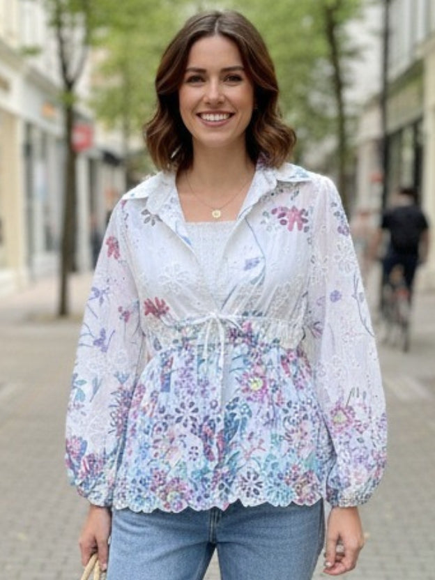 Sheer Floral Lace Tie-Front Peplum Shirt