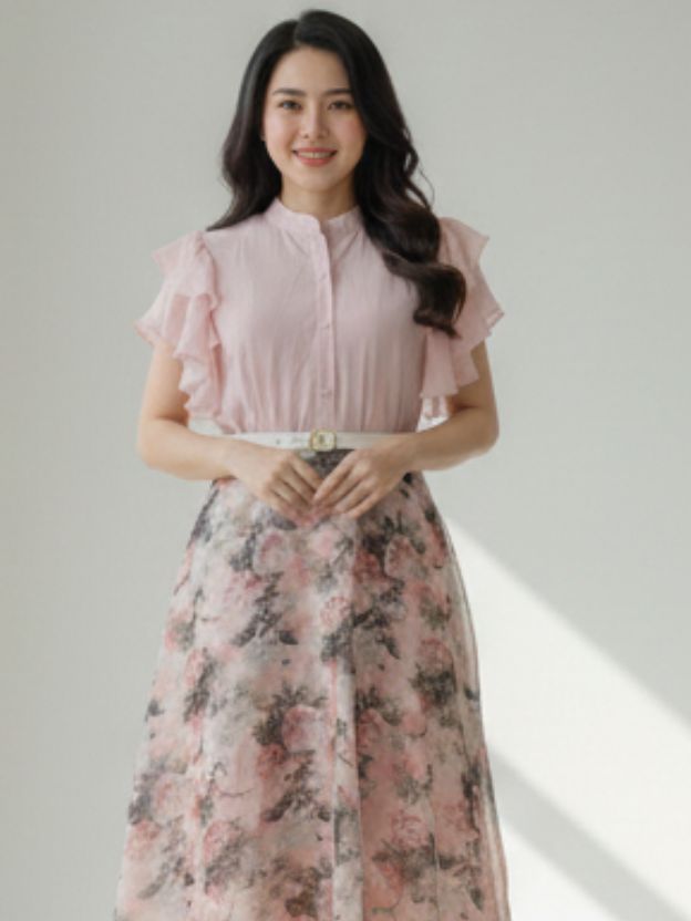 Elegant Floral Midi Dress with Soft Ruffle Details