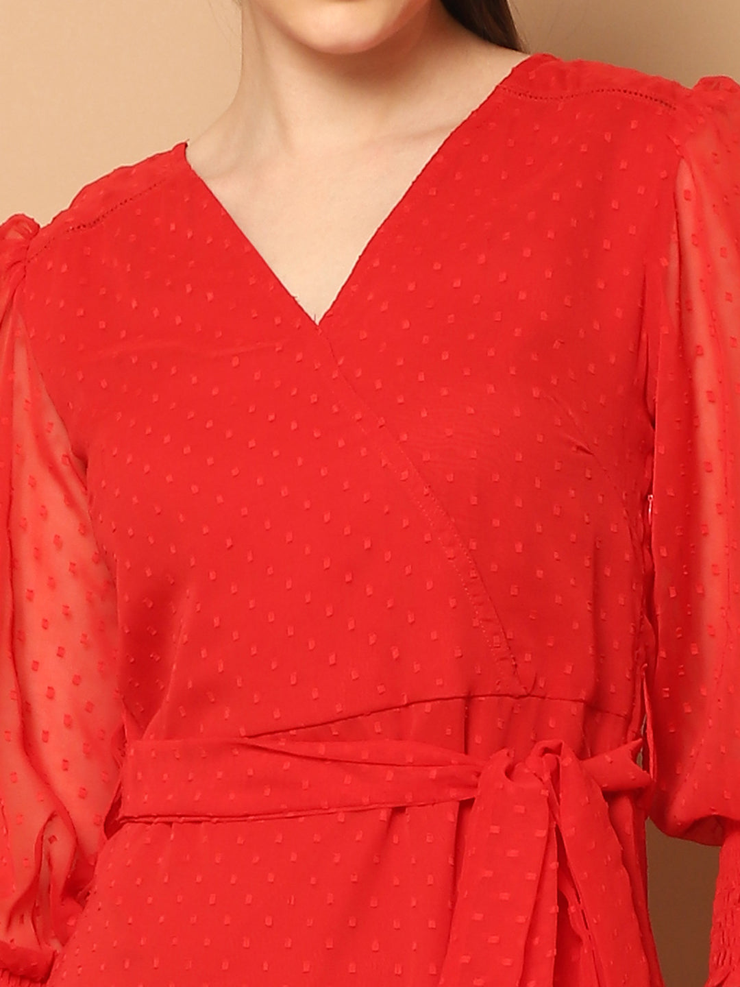 Puff Sleeve Ruffled Georgette Fit & Flare Dress