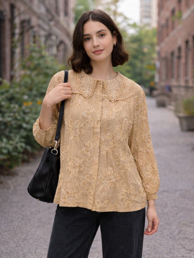 Embroidered Peter Pan Collar Button-Down Shirt