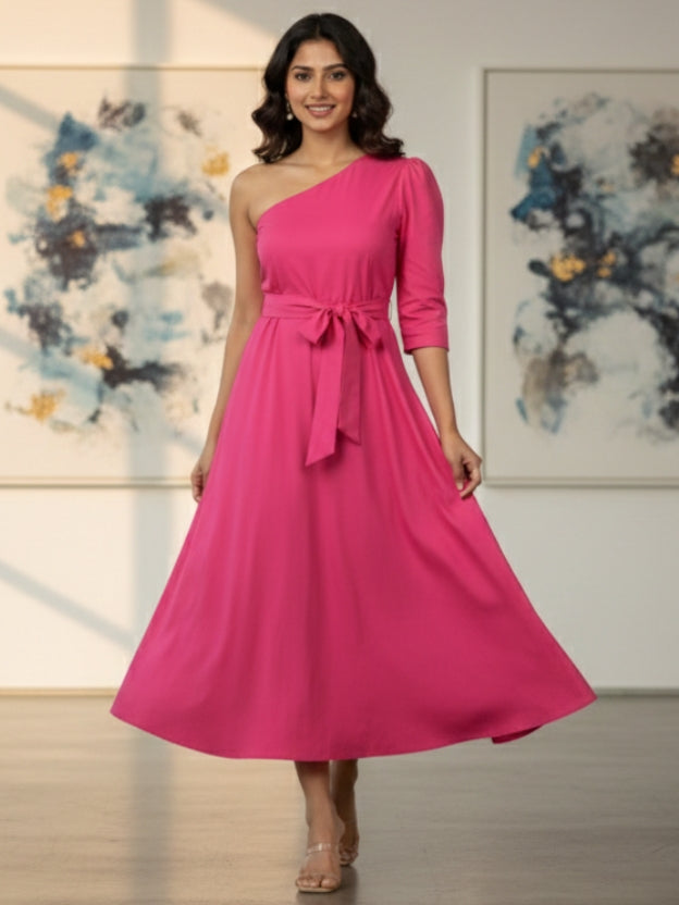 One-Shoulder Midi Dress with Waist