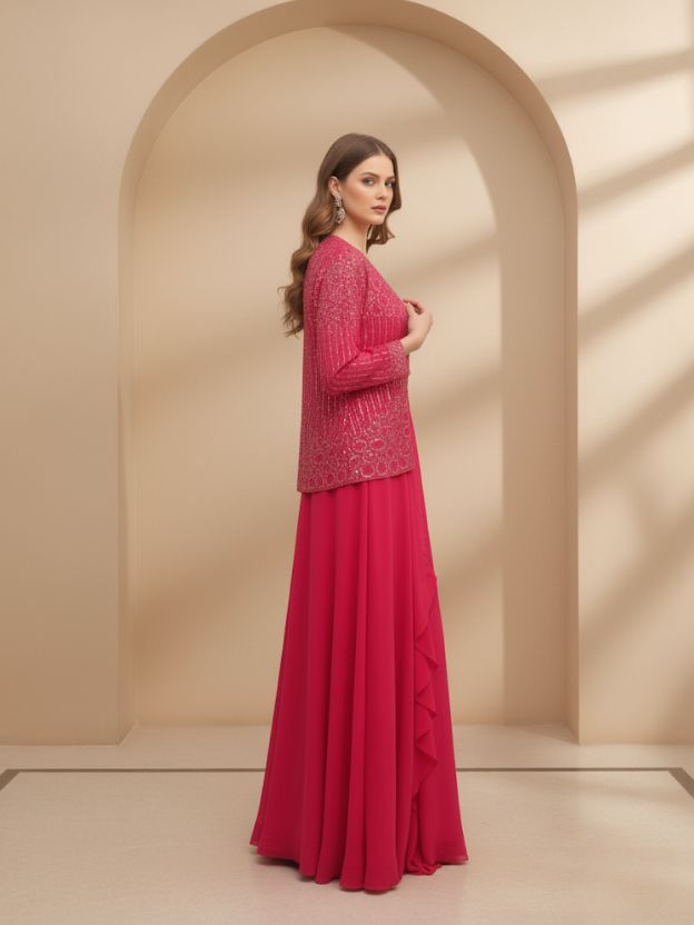 Rosetta Glow Sequinned Crop Top with Layered Ruffle Skirt & Embellished Jacket