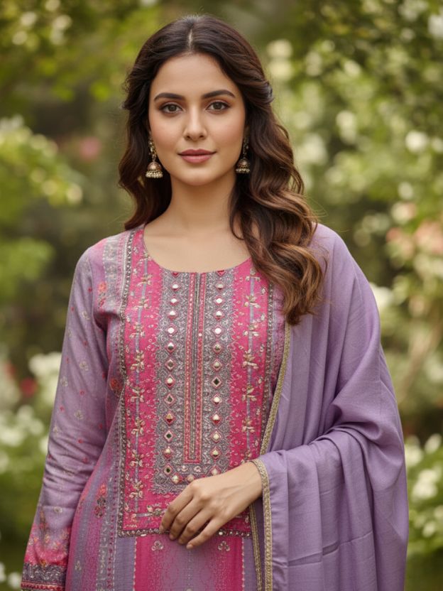 Lavender Bloom Cotton Suit With  Floral Detailing