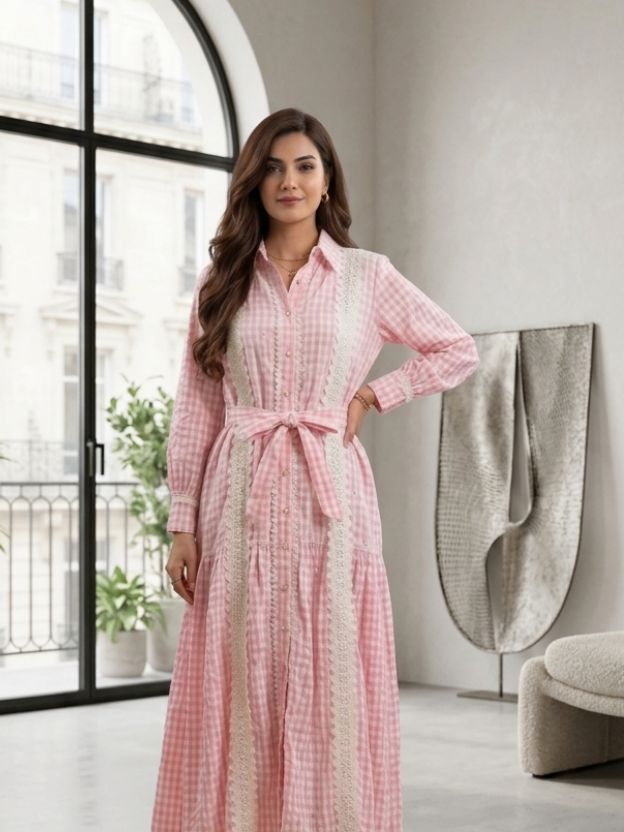 Elegant Gingham Shirt Dress with Lace Panel Detailing