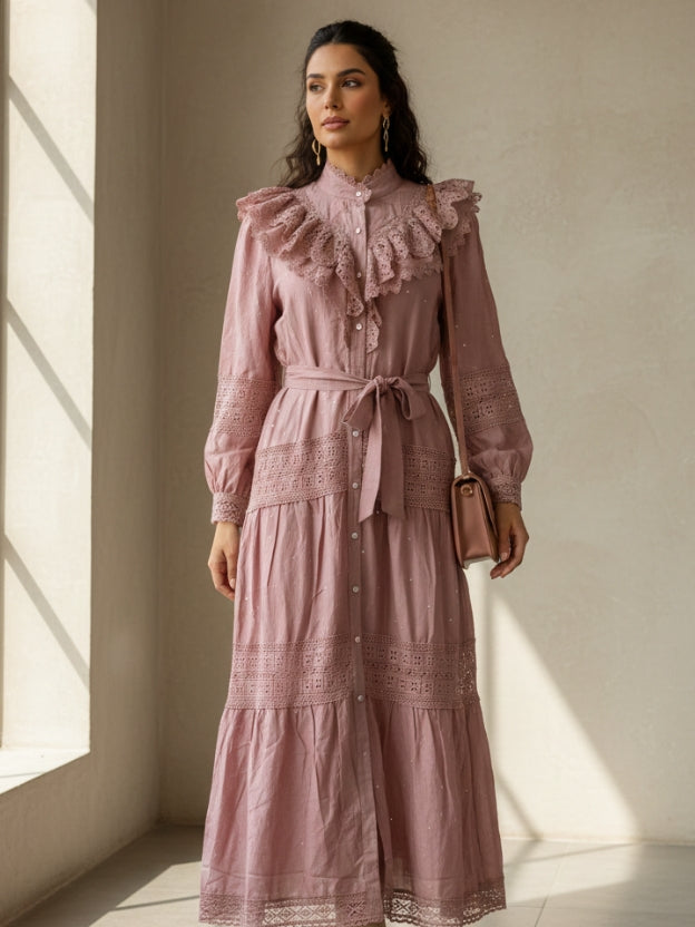 Lace Panel Tiered Midi Dress with Waist Tie