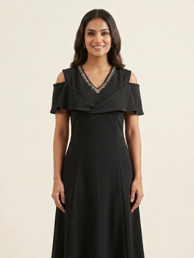 Velvet Whisper Cold-Shoulder Midi Dress