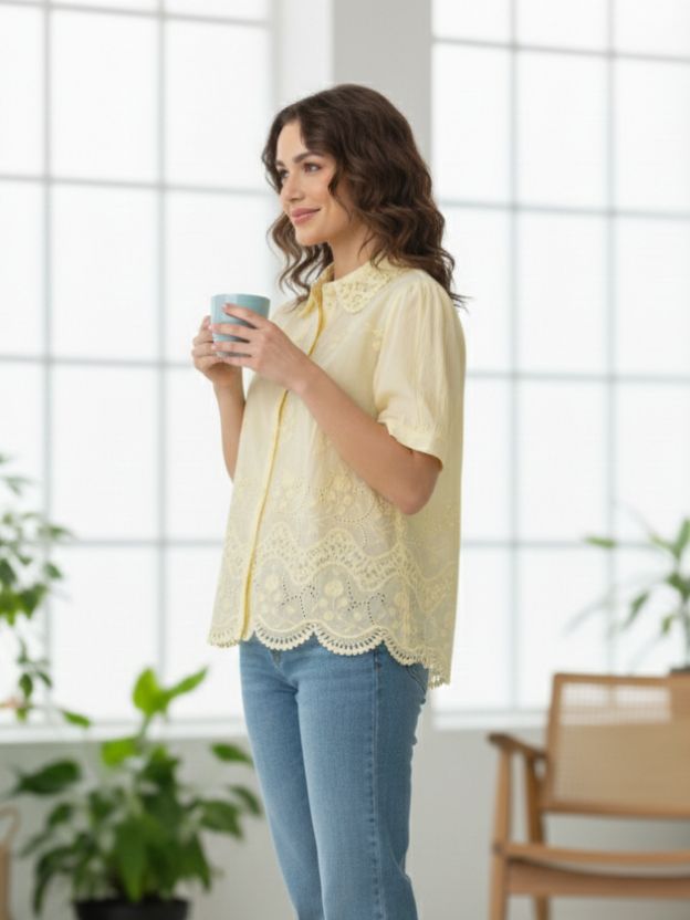 Elegant Embroidered Scalloped Hem Shirt