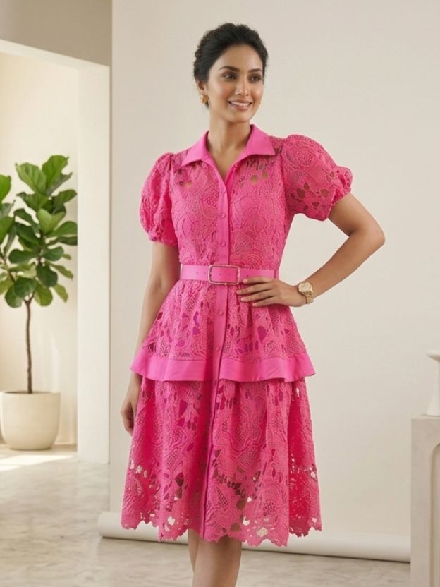 Vintage-Inspired Lace Button-Down Dress with Belt - Romantic Peplum Midi