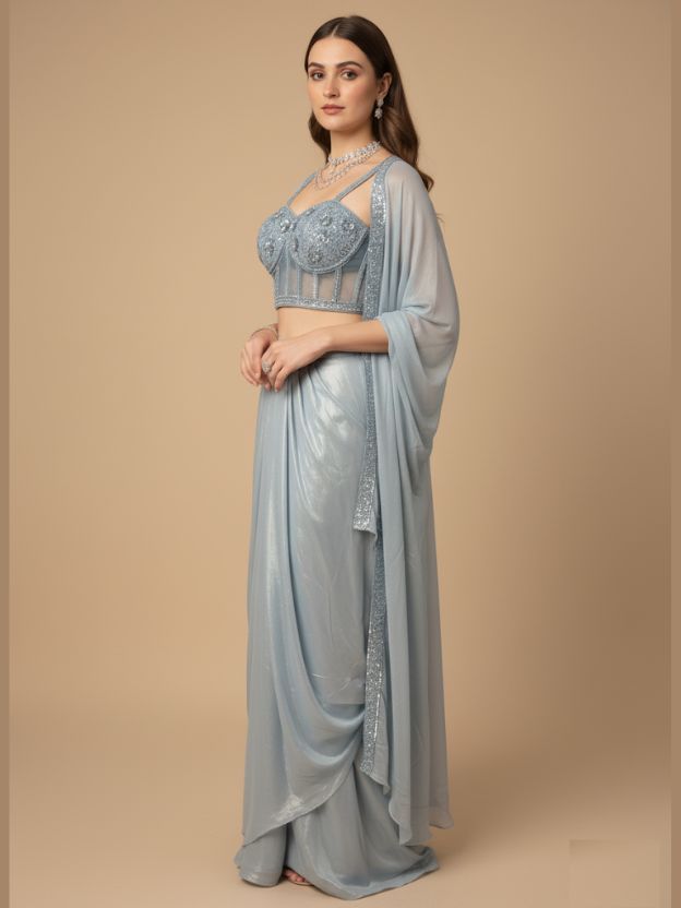 Sky blue crop top with cap and shirt