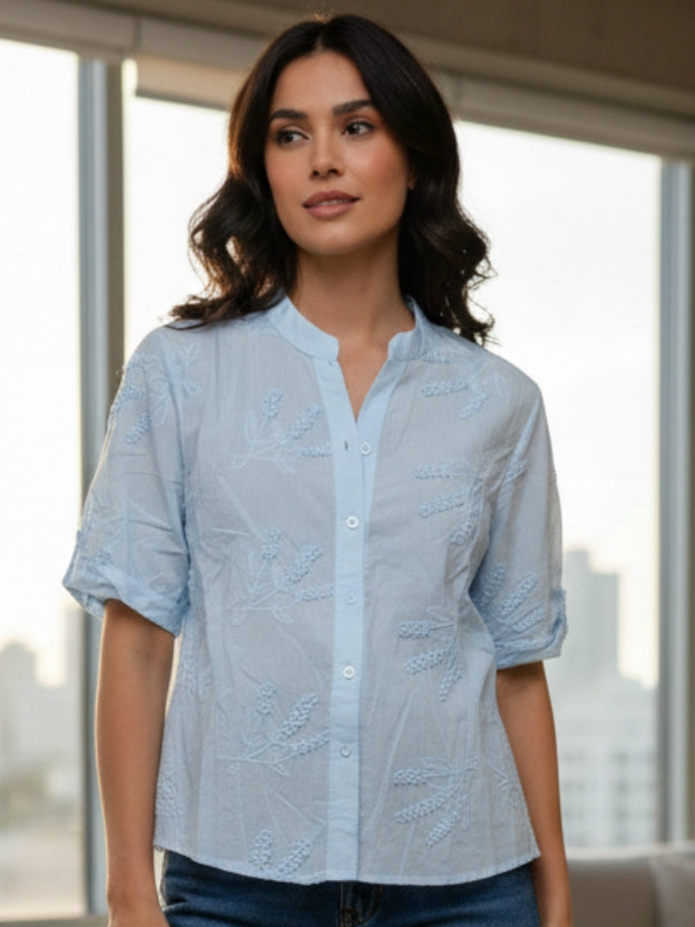 Women’s Embroidered Cotton Shirt – Summer Casual Short Sleeve Button Down Top