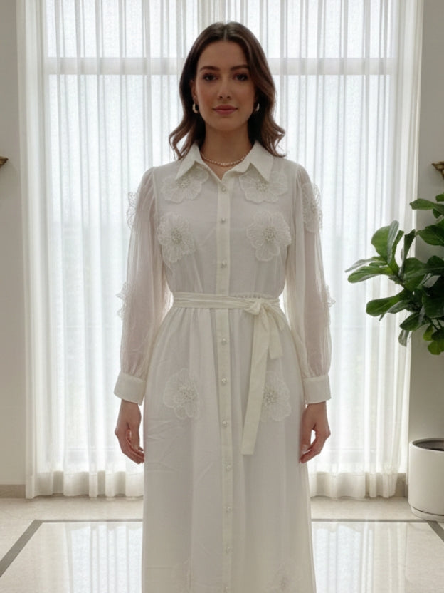 Floral Appliqué Sheer Midi Dress with Belt
