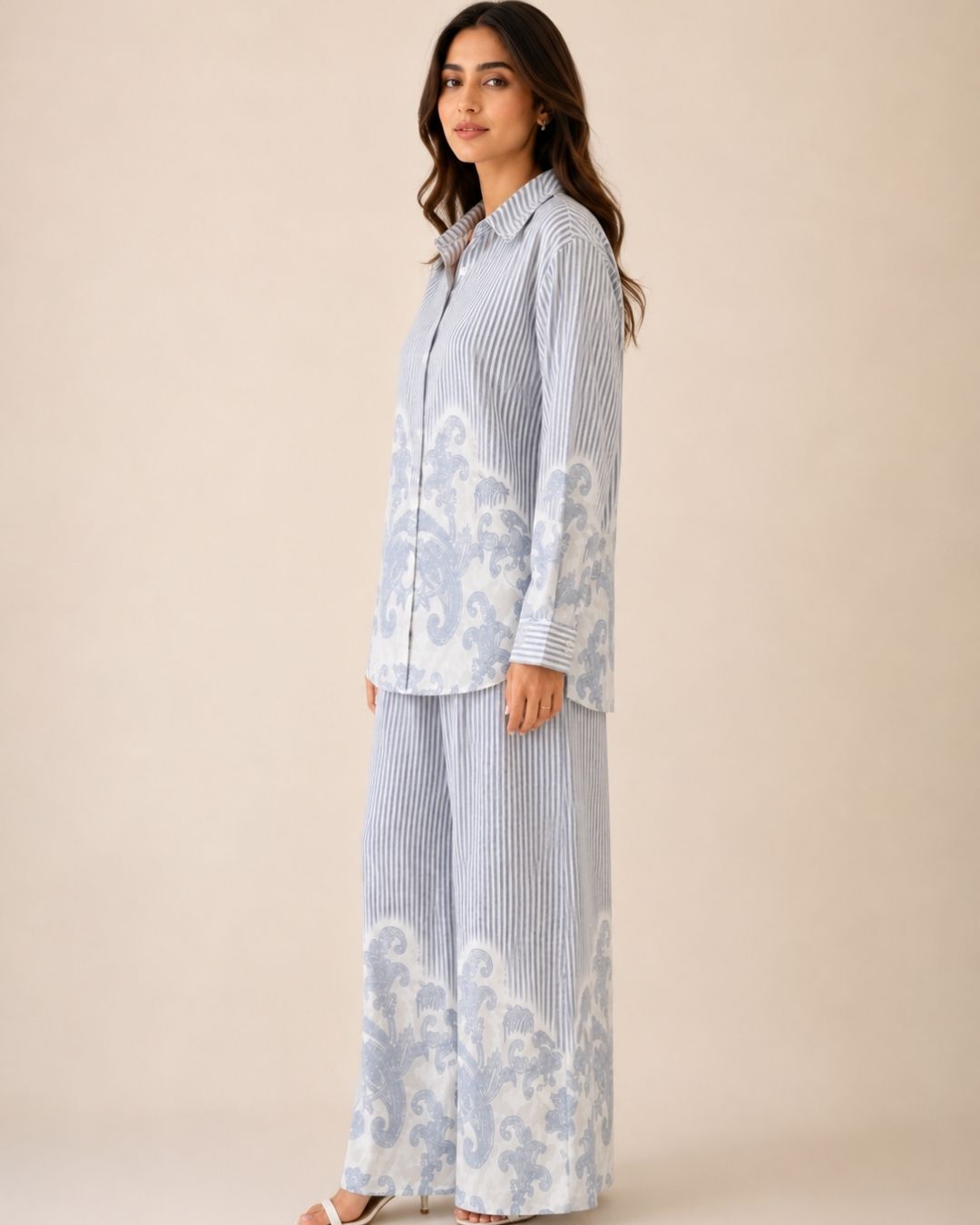 Women’s Striped Co-ord Set with Paisley Print | Button-Down Shirt & Wide Leg Pants