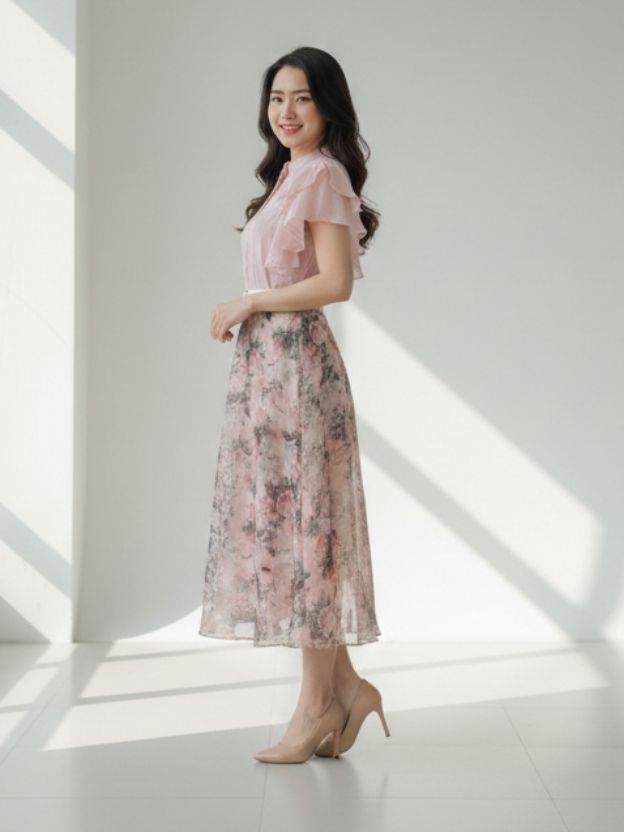 Elegant Floral Midi Dress with Soft Ruffle Details