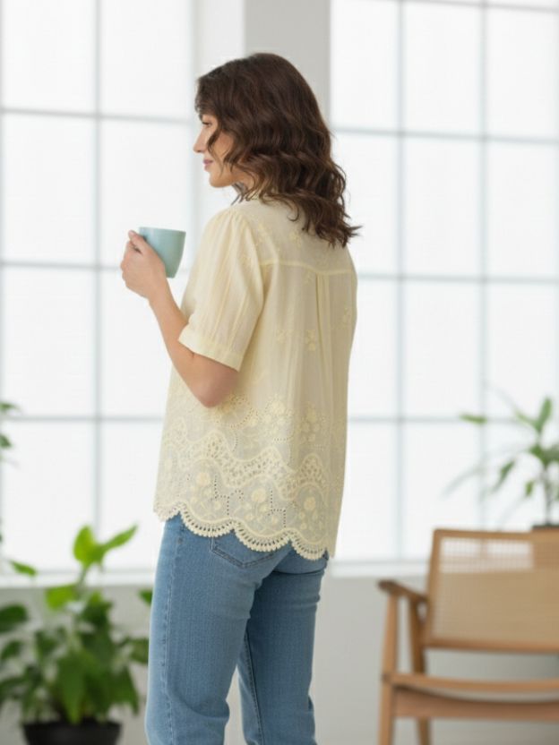 Elegant Embroidered Scalloped Hem Shirt