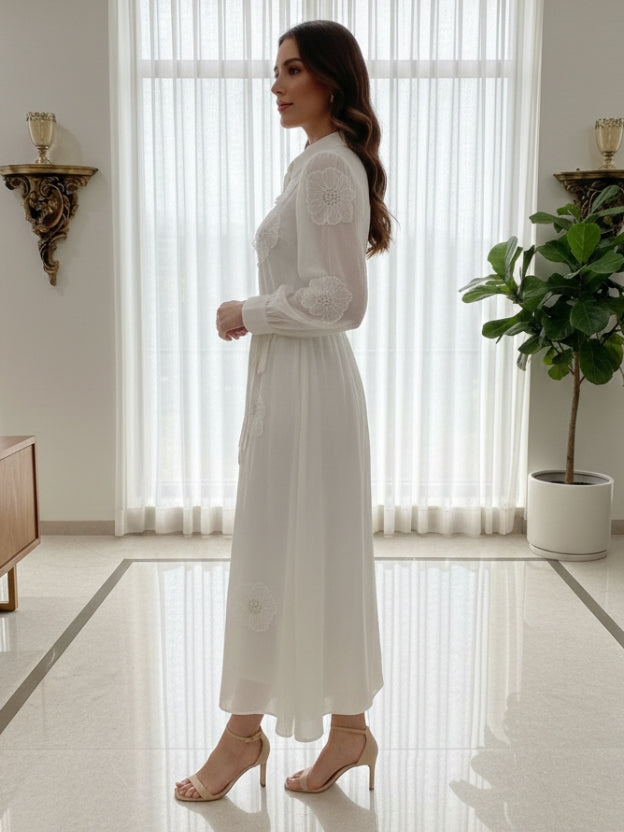 Floral Appliqué Sheer Midi Dress with Belt