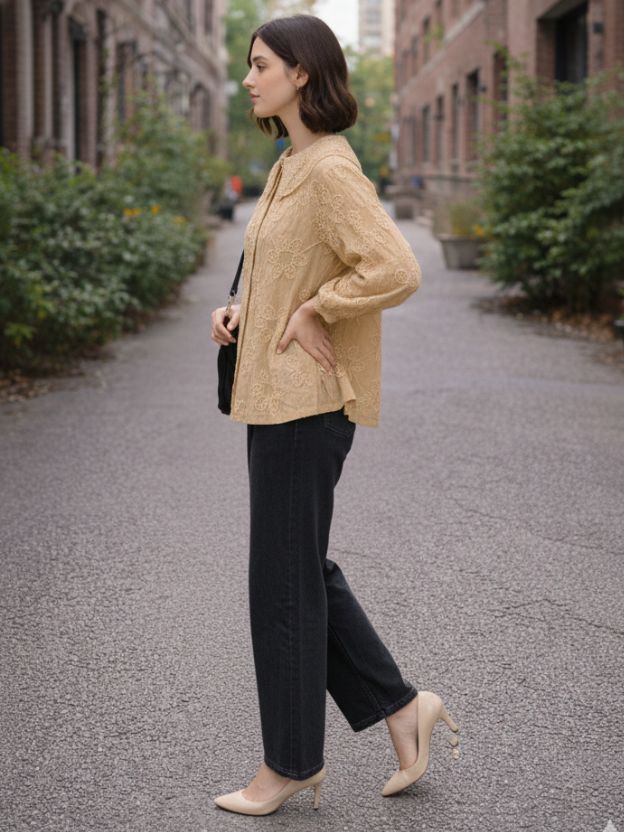 Embroidered Peter Pan Collar Button-Down Shirt