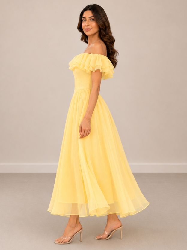 Women's Off-Shoulder Ruffle Maxi Dress | Flowy Chiffon A-Line Party & Summer Dress