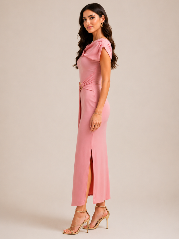 Women's Elegant Cowl Neck Midi Dress with Side Slit & Waist Buckle | Party, Cocktail & Evening Dress