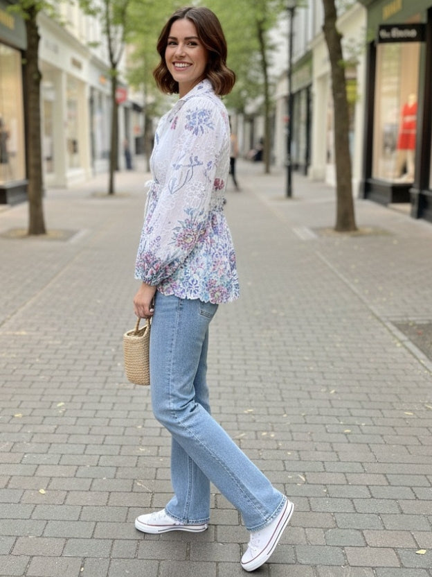 Sheer Floral Lace Tie-Front Peplum Shirt