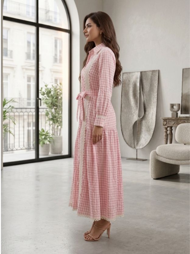 Elegant Gingham Shirt Dress with Lace Panel Detailing