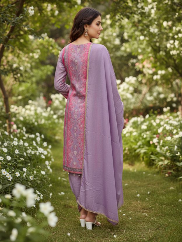 Lavender Bloom Cotton Suit With  Floral Detailing