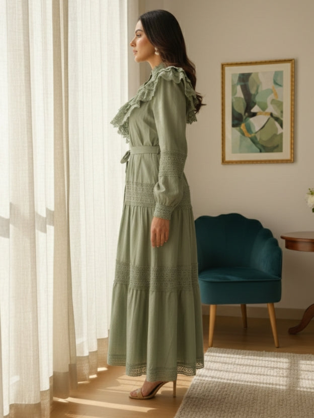 Lace Panel Tiered Midi Dress with Waist Tie