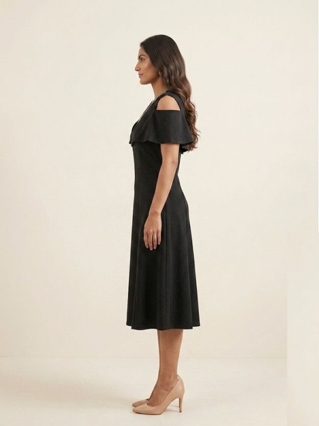 Velvet Whisper Cold-Shoulder Midi Dress