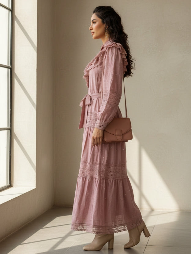 Elegant Lace Collar Tiered Midi Dress