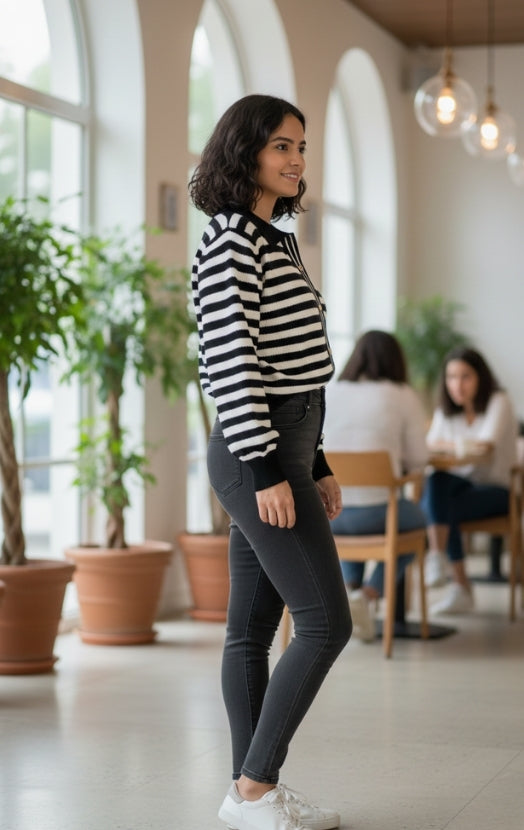 Women’s Striped Knit Polo Top – Long Sleeve Casual Chic Sweater