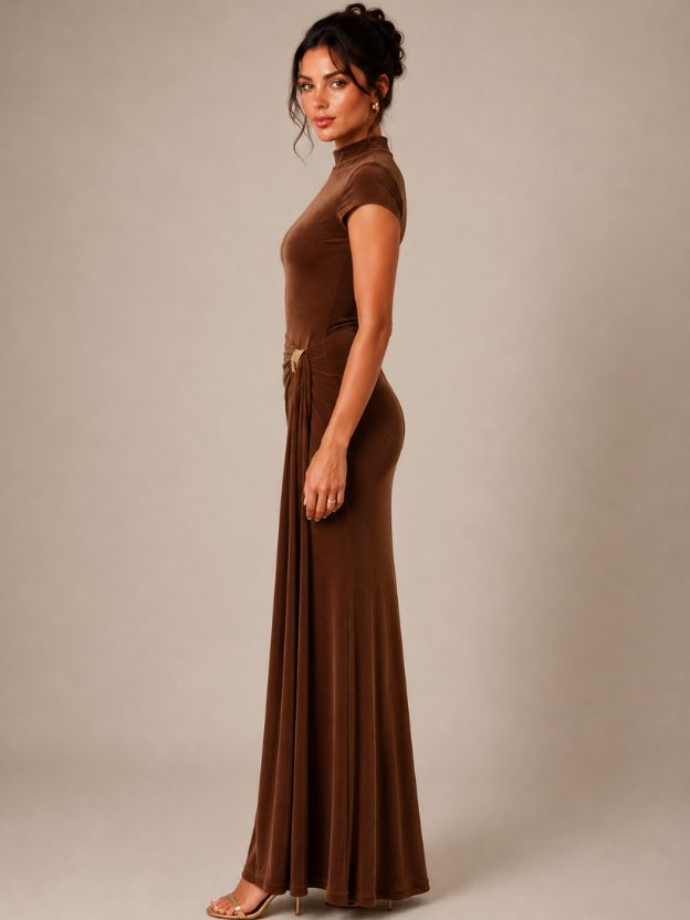 Women's Elegant Mock Neck Ruched Maxi Dress with Gold Buckle Detail | Bodycon Evening Party Gown | Wine Brown