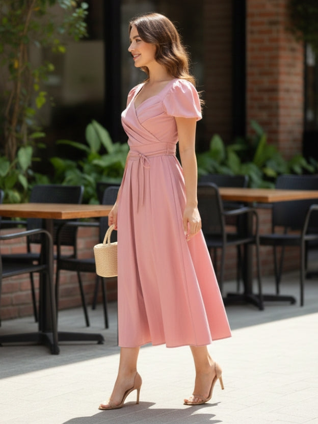 Elegant Burgundy Midi Dress for Women – Puff Sleeve Sweetheart Neckline Party Dress