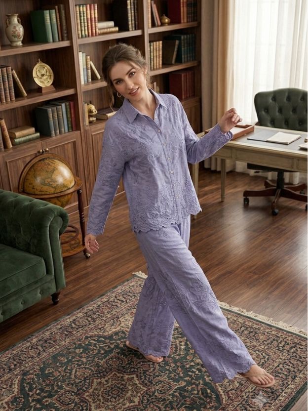 Elegant Embroidered Two-Piece Button-Down Shirt and Wide-Leg Pant Set